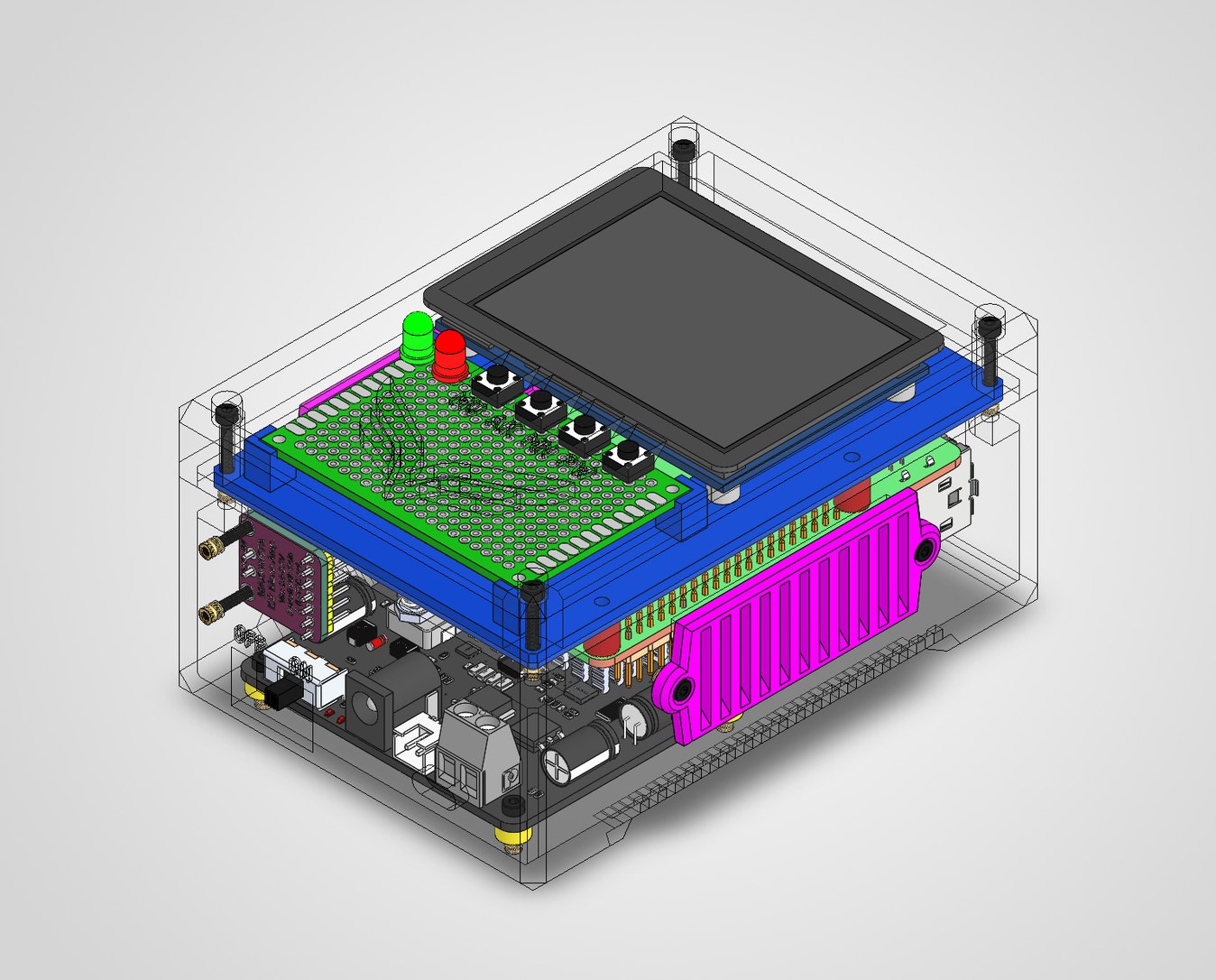 CAD assembly of GW-VSR1: display, control board, single-board computer, heatsink and connectors inside the enclosure